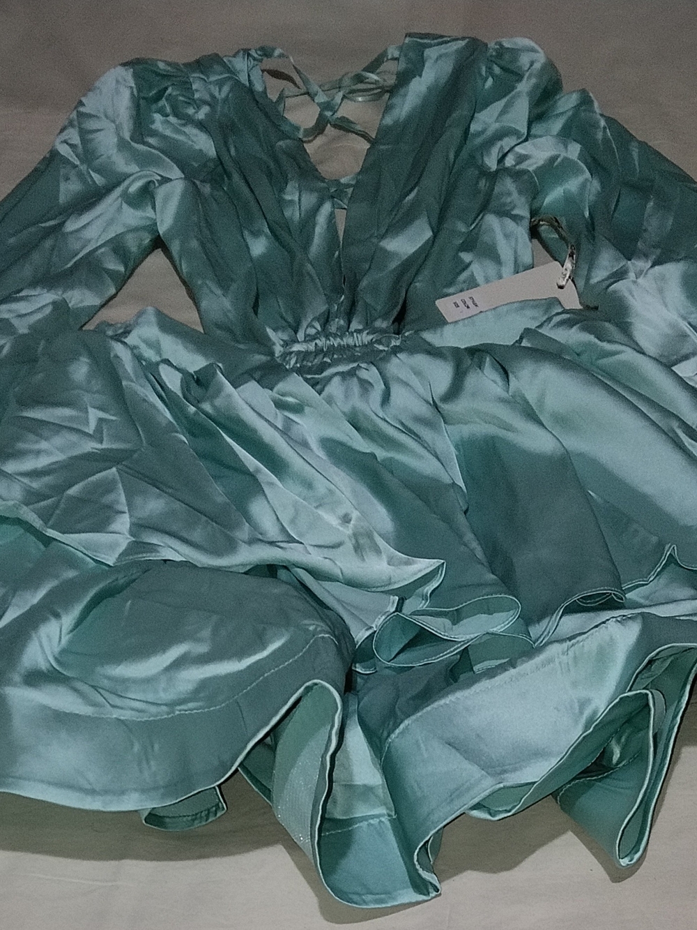 Source Unknown Aqua Satin V-Neck Ruffle Mini Dress